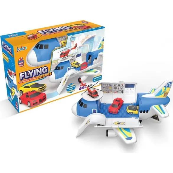 Spielzeugflugzeug Garage aufklappbares Flugzeug 2 Spielzeugautos 1 Hubschrauber