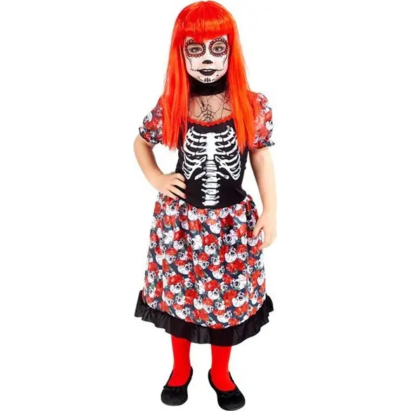 Mexikanisches Skelettkostüm Mädchen La Muerte Verkleidung 5-13 Jahre...