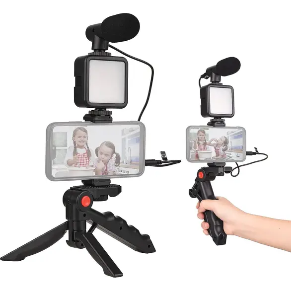 Professionelles Vlogger-Kit, 4-in-1-Mobilstativ mit Mikrofon und LED-Licht