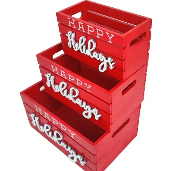 Set mit 3 roten Aufbewahrungsboxen aus Holz, 25–28–30 cm, Weihnachten