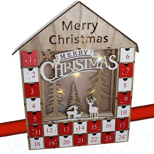 Weihnachts-Adventskalender, Holzhaus, 24 Schubladen, Dekorationen mit LED