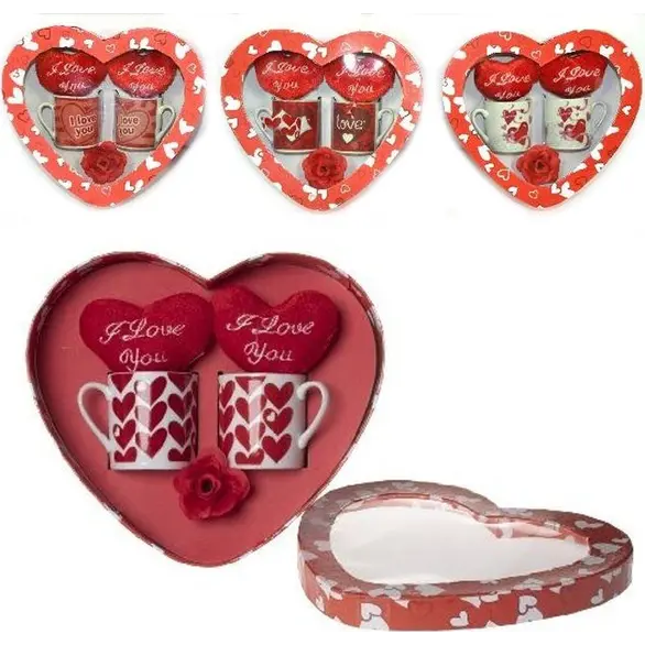 Geschenkset 2 Tassen mit Herzen und Plüsch-Love-Valentinstag-Set