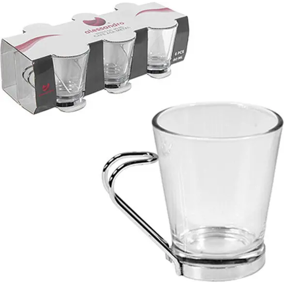Set 6 Espressotassen 80 ml aus transparentem Glas mit Cappuccino-Kaffeegriff