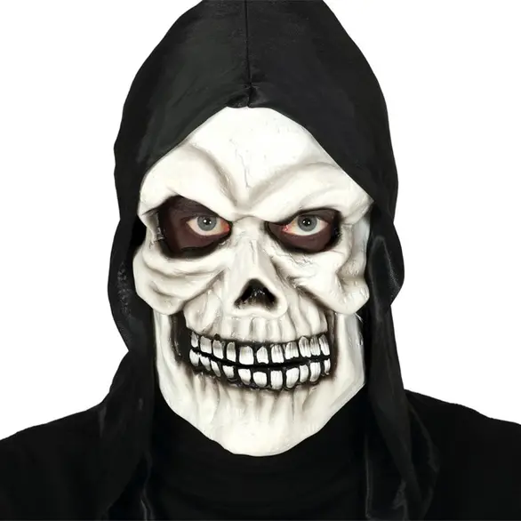 Halloween-Karnevalsmaske mit Totenkopf und Skelett aus PVC mit schwarzer Kapuze