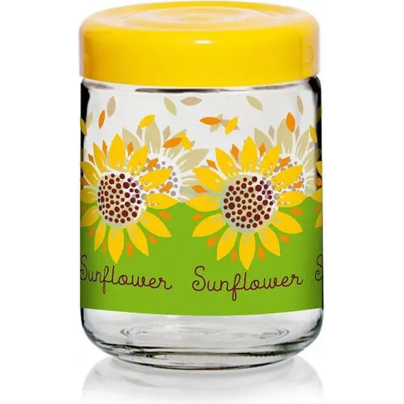 800-ml-Glasbehälter mit gelbem Deckel, Salzzucker und Sonnenblumen