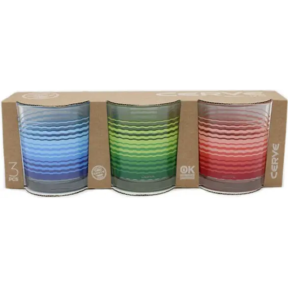 Set aus 3 farbigen Glasgläsern mit 220 cc Cerve-Glas für die Wasser-Weinbar