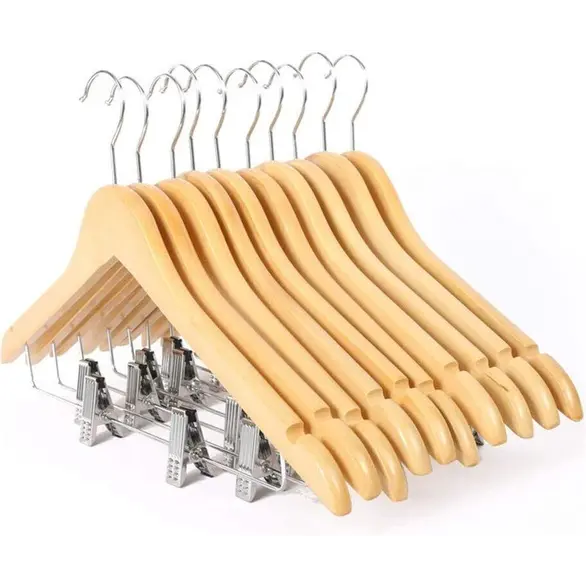 10x langlebige Kleiderbügel aus Holz mit Stahlklammern